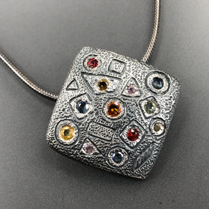 Square multi-color sapphires and pink spinel necklace