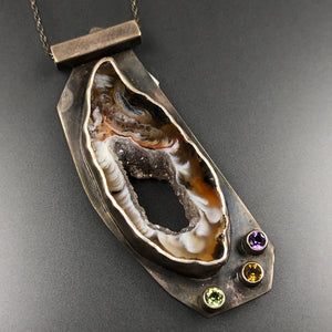 Geode slice pendant with citrine and white danburite