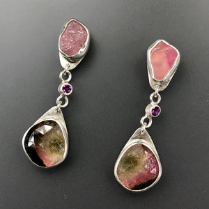 Tourmaline, garnet, and ruby earrings