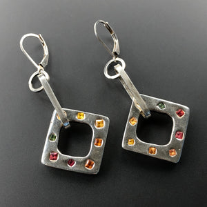 Fine silver and multi-colored sapphires dangling earrings