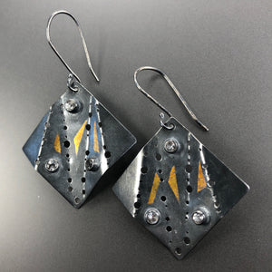 Square ripple earrings in 23.5K gold, sterling silver, and white topaz