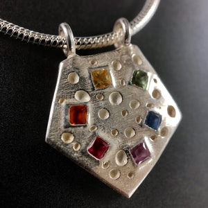 Silver and fancy multi-color sapphire pentagon necklace
